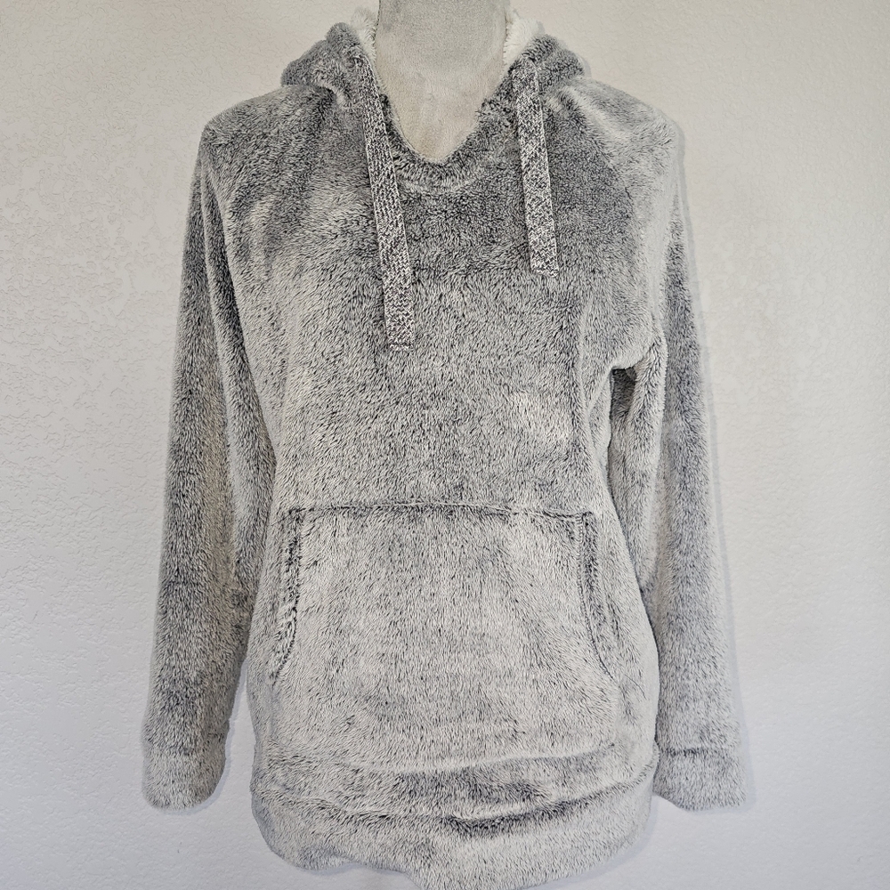 Women's Cozy Super Soft Plush Pullover with Faux Fur Hoodie GREY CREAM S